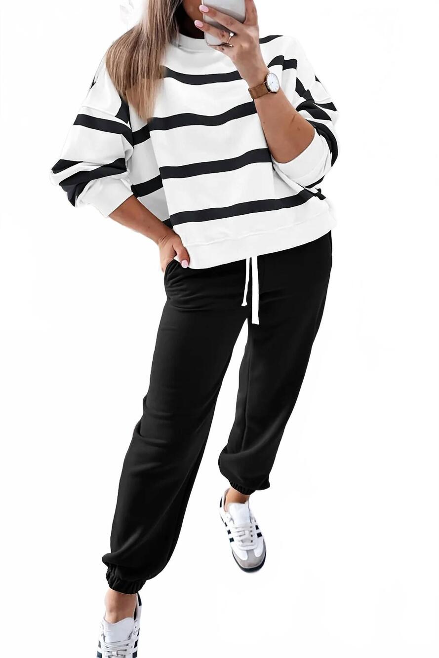 NEW DEAR LOVER women's striped drop shoulder pullover and jogger pants set in bl